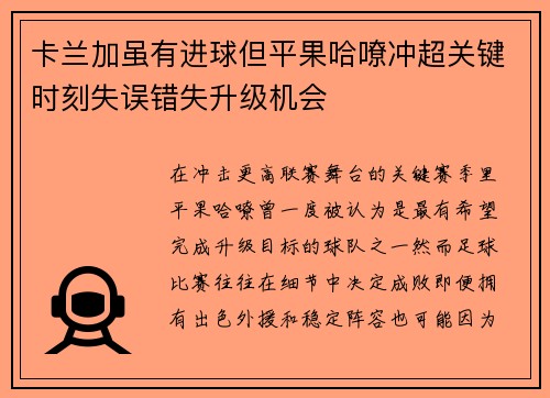 卡兰加虽有进球但平果哈嘹冲超关键时刻失误错失升级机会 卡兰加虽有进球但平果哈嘹冲超关键时刻失误错失升级机会