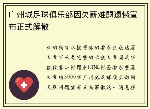 广州城足球俱乐部因欠薪难题遗憾宣布正式解散